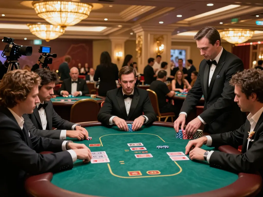 Go8 poker players engaged in competitive gameplay at a vibrant Vegas casino tournament.