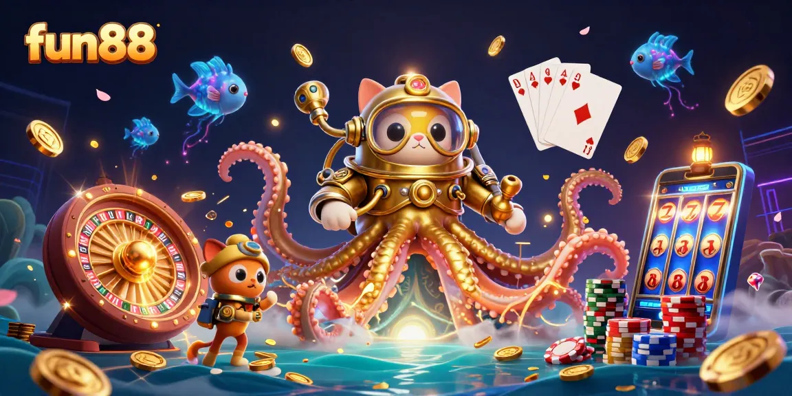 Engage in thrilling fun88 gaming adventures with a vibrant kraken and diving cat surrounded by radiant treasures.