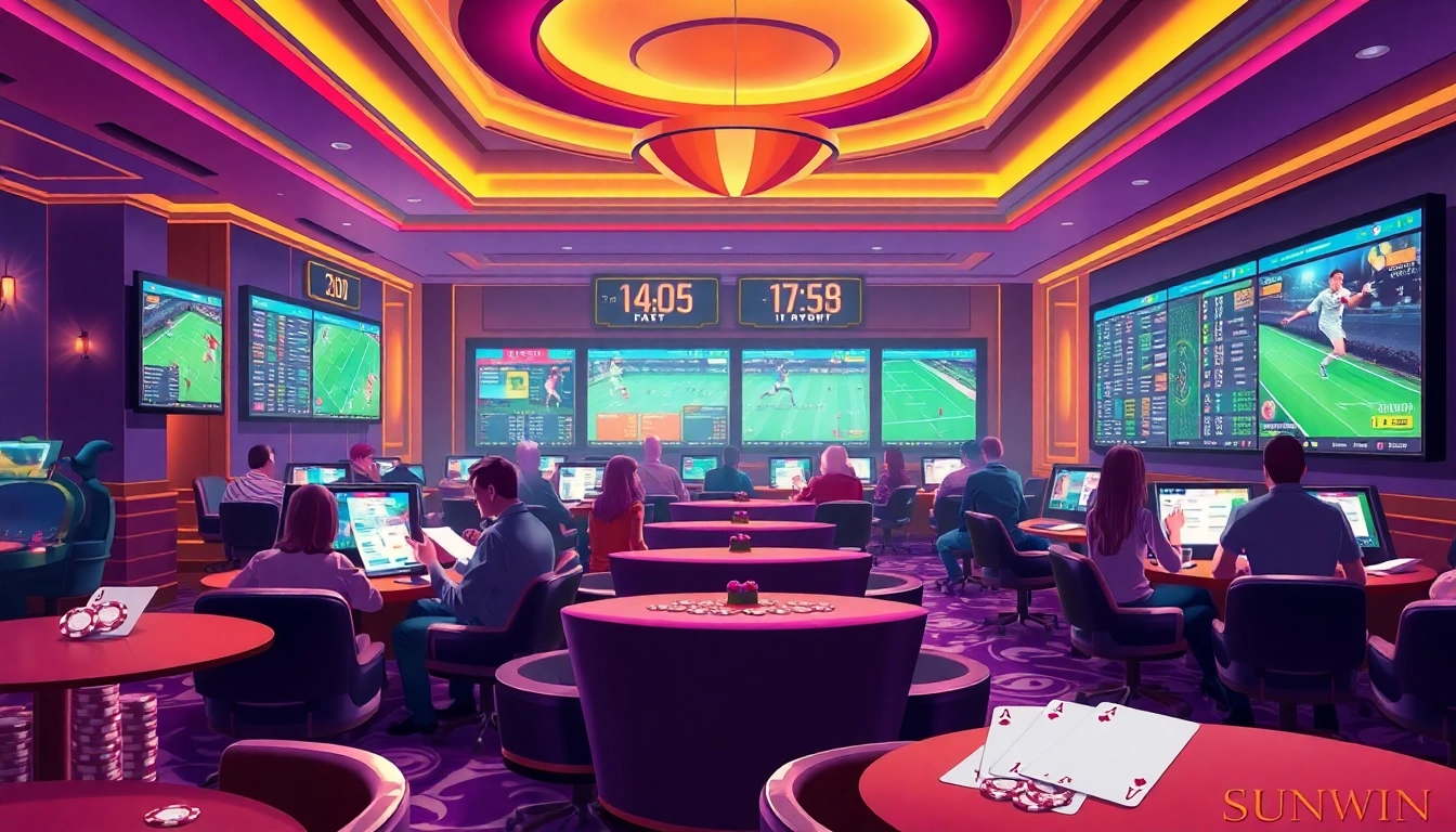 Gamblers engaging in sports betting at Thể thao Sunwin's luxurious casino lounge.