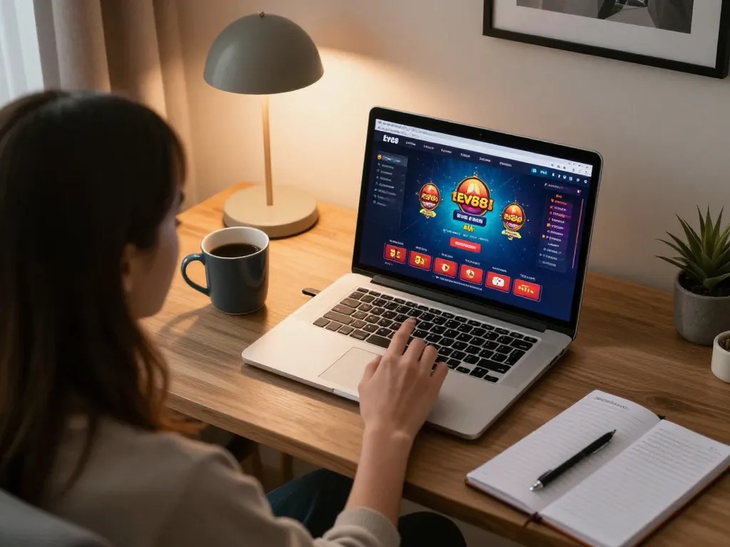 Engaging with Ev88 online gaming interface during a cozy home gaming session