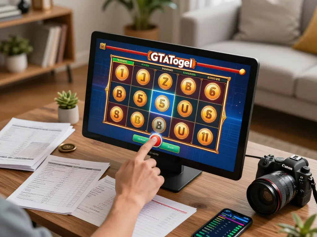Experience the excitement of playing slots on GTAtogel with a player spinning for a jackpot at home.