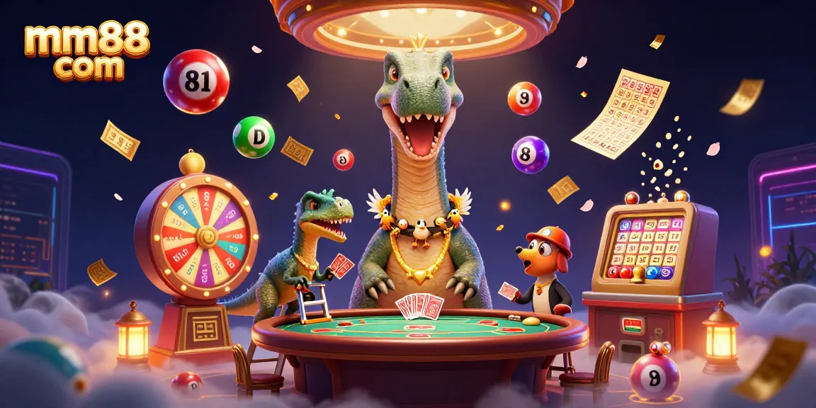 Engage in exciting gaming at mm88 com, featuring a vibrant 3D illustration of a whimsical casino scene with animated characters.