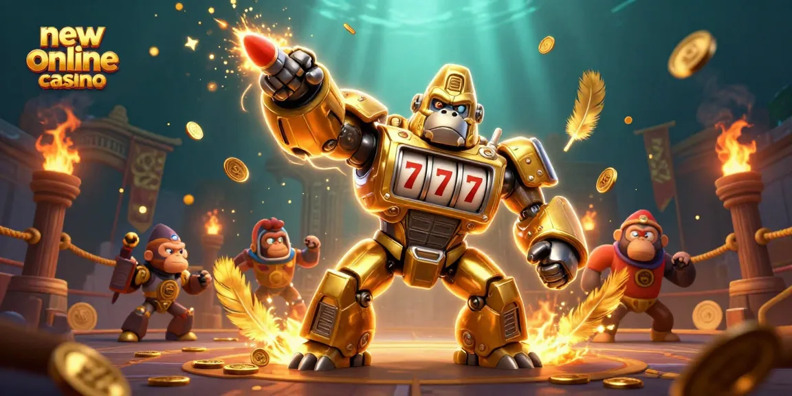Experience the thrill of a new online casino with dynamic golden gorilla mech, coins, and high-energy action.