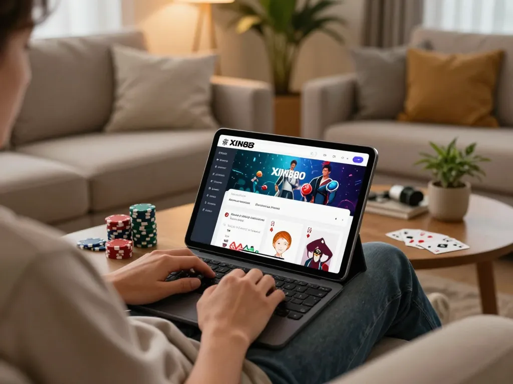 Engaging in strategic gameplay on the Xin88 app from the comfort of home, featuring casino elements.