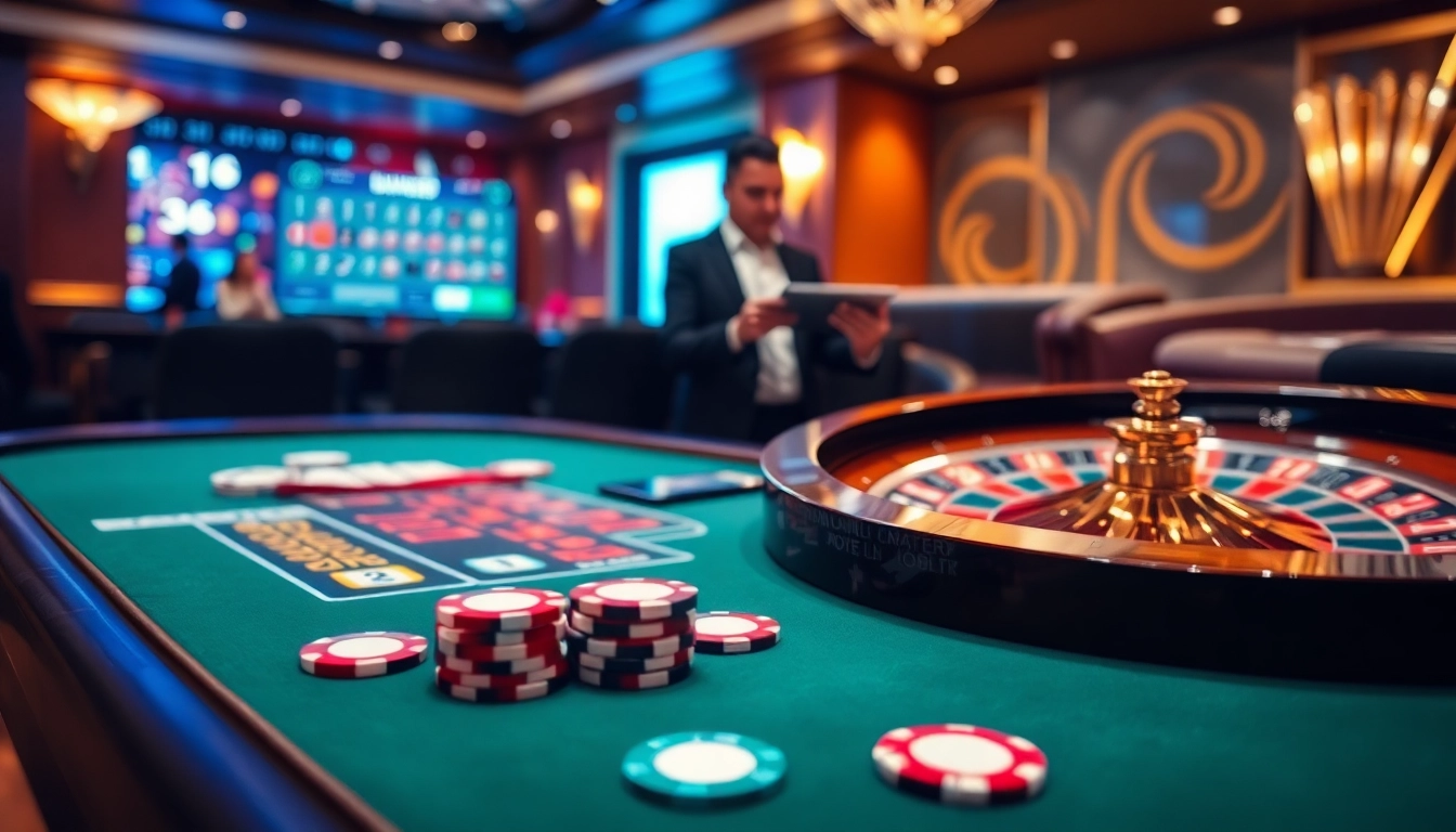 Engaging online gaming at nhà cái jun88 with poker chips and a roulette wheel, embodying luxury and excitement.