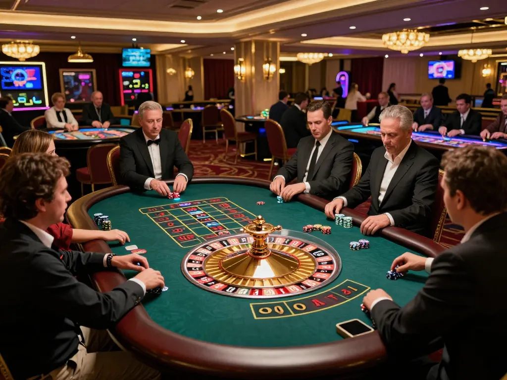 Players engaging at a roulette table in an upscale casino, capturing the excitement of sunwin gaming.