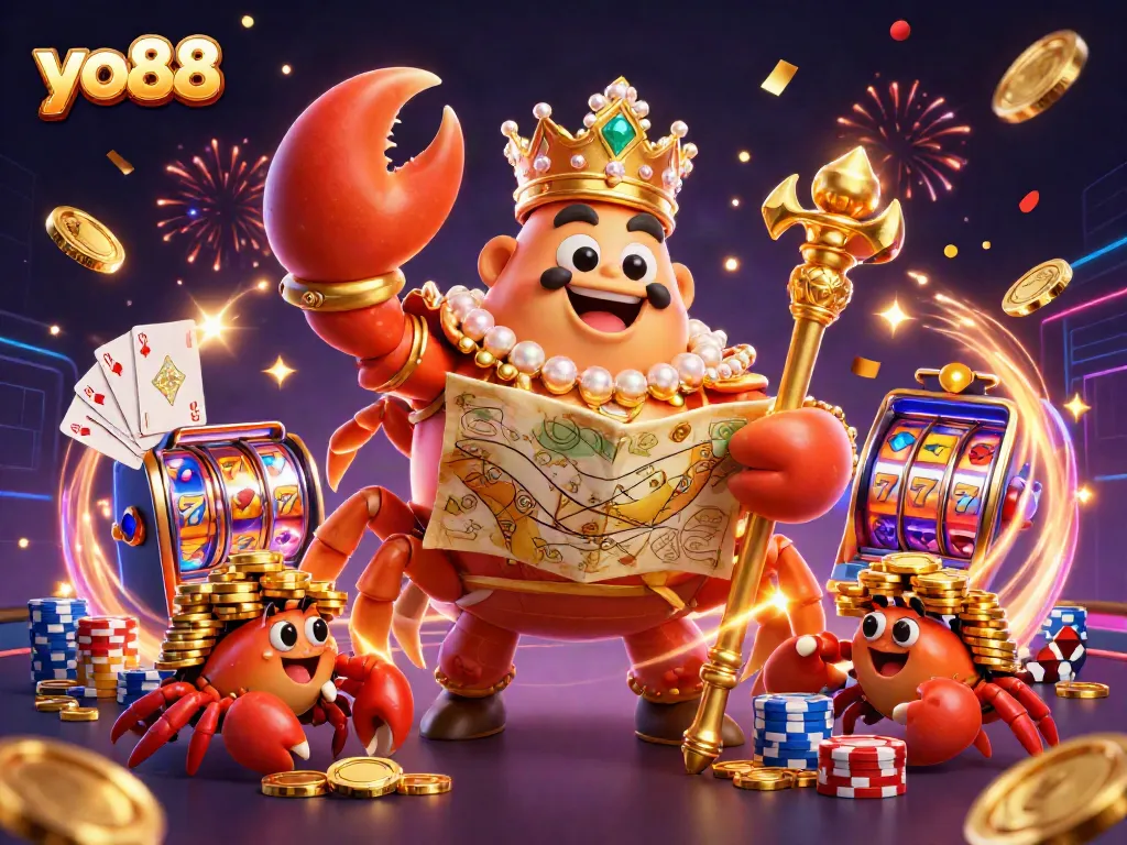 Engage in thrilling casino gameplay with yo88 featuring a golden crab emperor, vibrant slot machines, and festive decor.