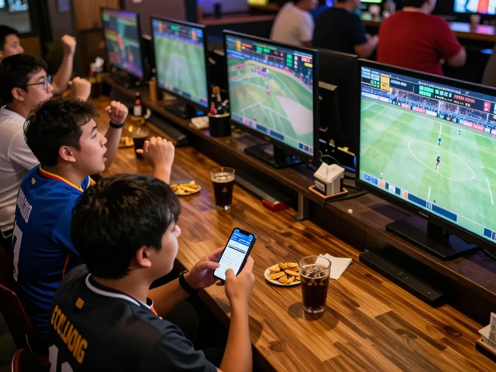 Bongdalu app displayed on smartphone as sports fans excitedly place bets during live games.