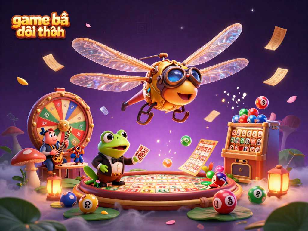 Engage with game bài đổi thưởng in a vibrant casino scene featuring a dragonfly pilot and frog dealer.