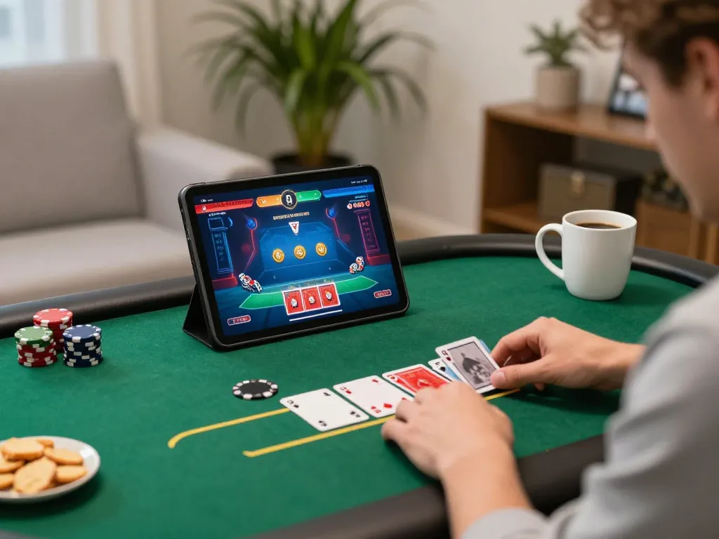 Kaya88 player enjoying live dealer poker game in a comfortable home setting