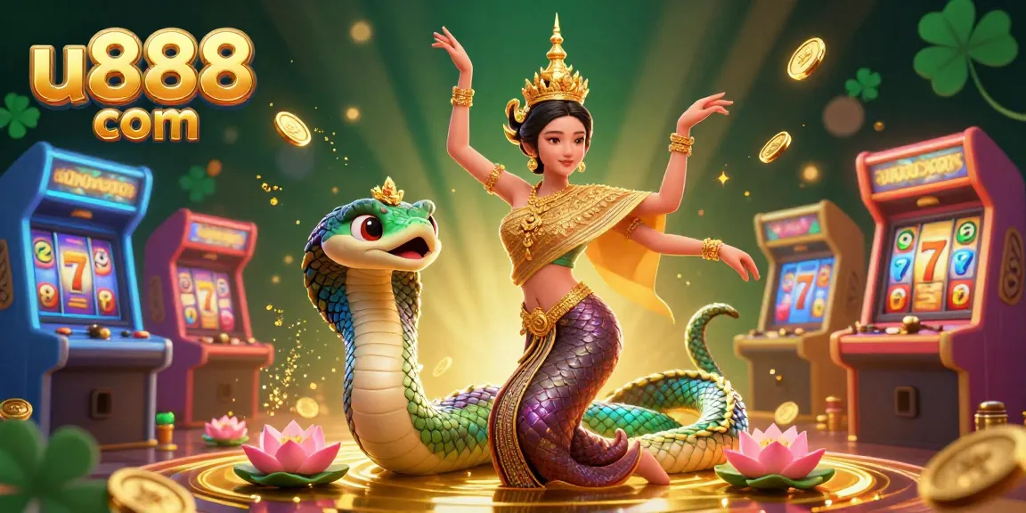 Engage with u888 com's vibrant casino adventure showcasing a Thai dancer, Naga serpent, and slot machines.