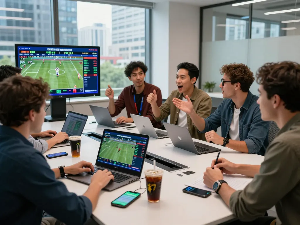 Group of bettors discussing rikbet strategies in a modern office.