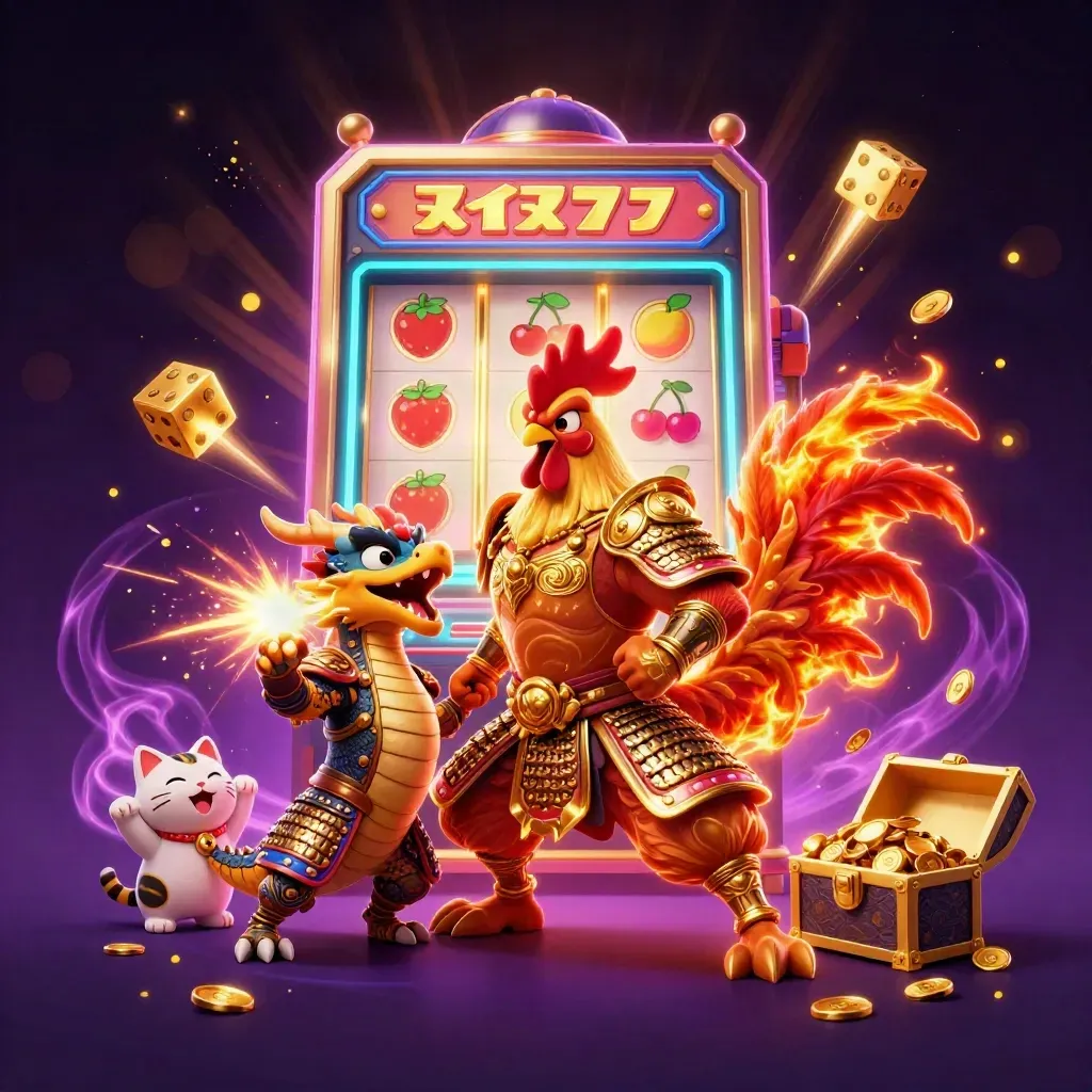 Rooster warrior, dragon hatchling, and fortune cat amid a bursting slot machine and gold treasure