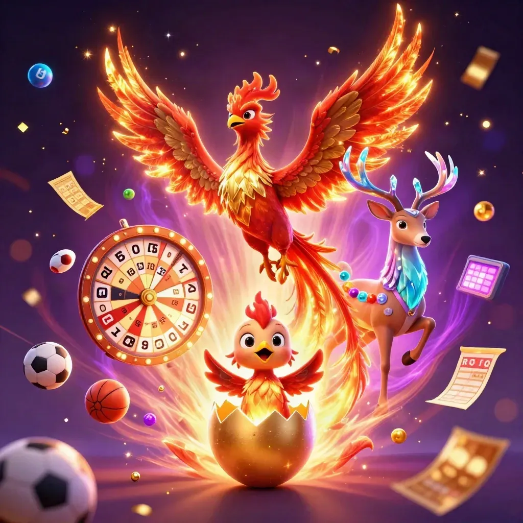 Phoenix, baby phoenix, and crystalline stag amid casino icons and neon sparkles.
