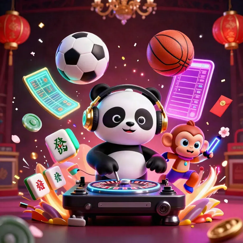 Neon casino sports scene with panda DJ, dancing monkey, glow kitten, balls, confetti, gold light