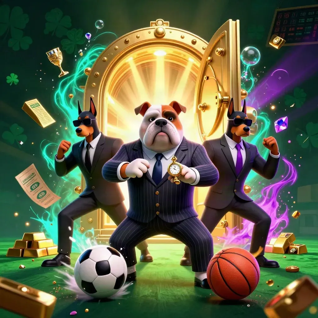 Bulldog boss and Dobermans in a vault blast with balls, gold, gems, and neon casino light