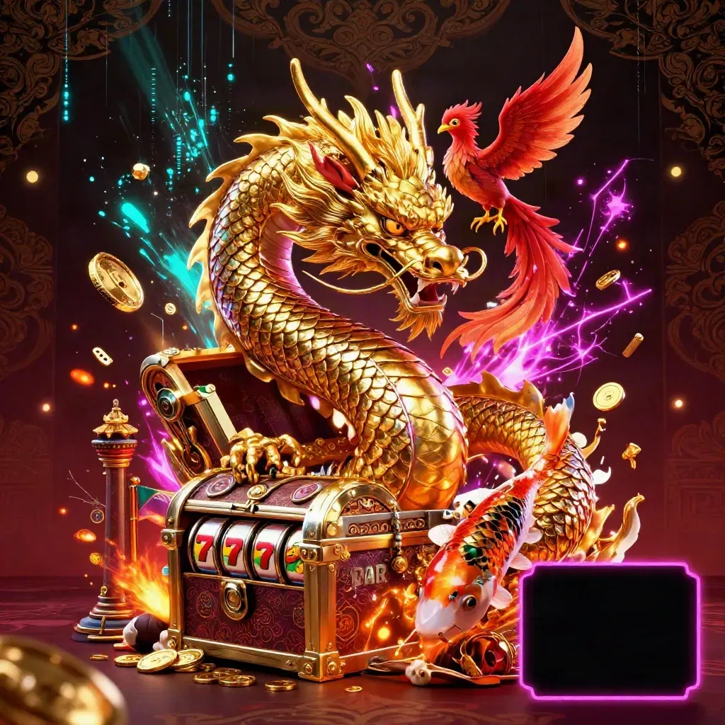 Golden dragon with phoenix and koi amid treasure, neon sparks, and casino fantasy lights.
