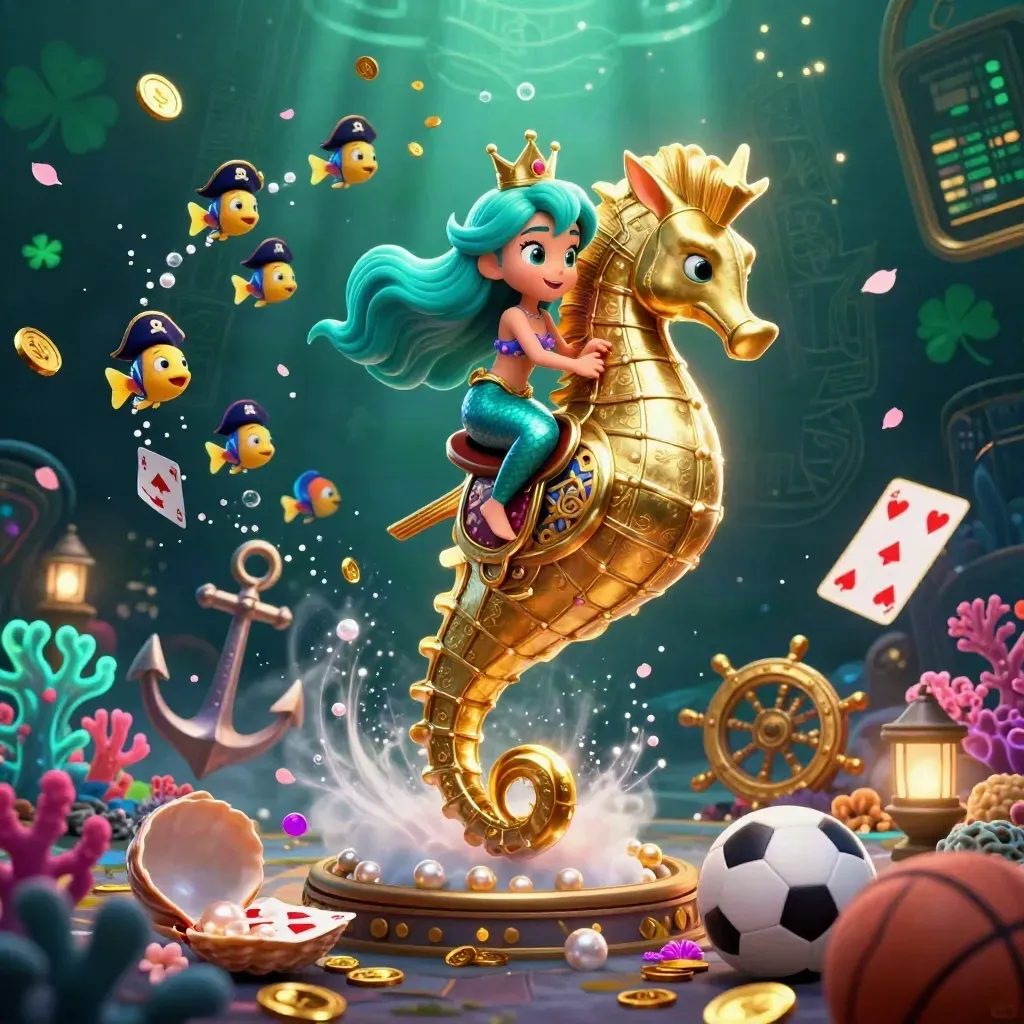 Mermaid princess on armored seahorse amid treasure, fish, coins, coral, balls, and glowing runes.