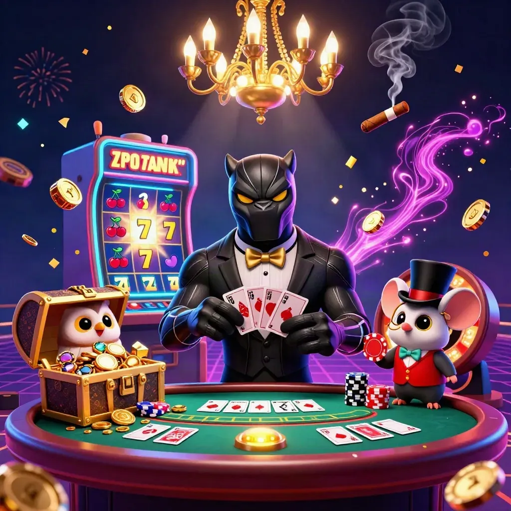 Panther, owl, and mouse in a neon casino room as a slot machine bursts with gold and sparks.