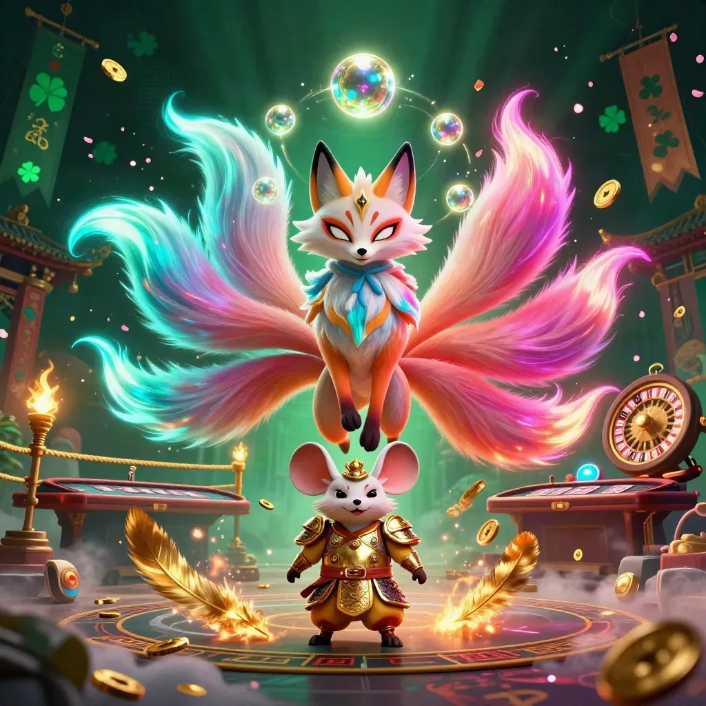 Neon fox spirit and samurai mouse in an emerald casino-fantasy room with glowing relics.