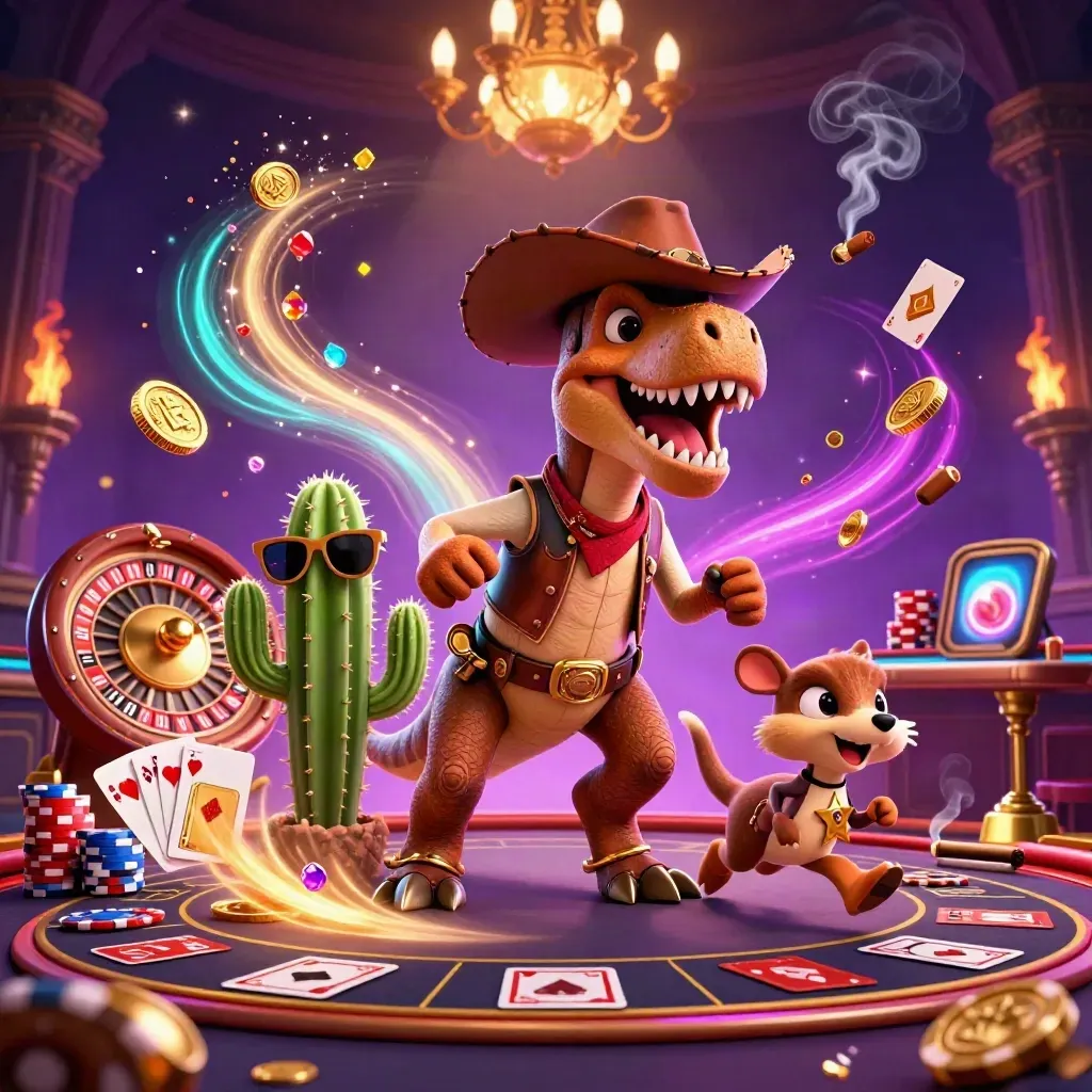Cowboy T-Rex trio in a neon casino room with coins, cards, chips, and a spinning roulette wheel.