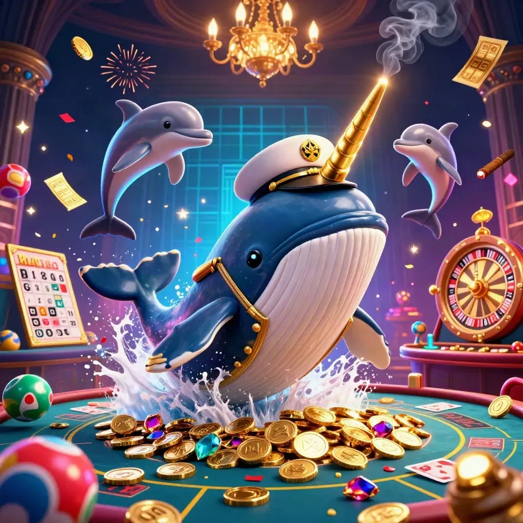 Whale captain, narwhal, and dolphins in a neon casino scene with coins, prize wheel, and fireworks.