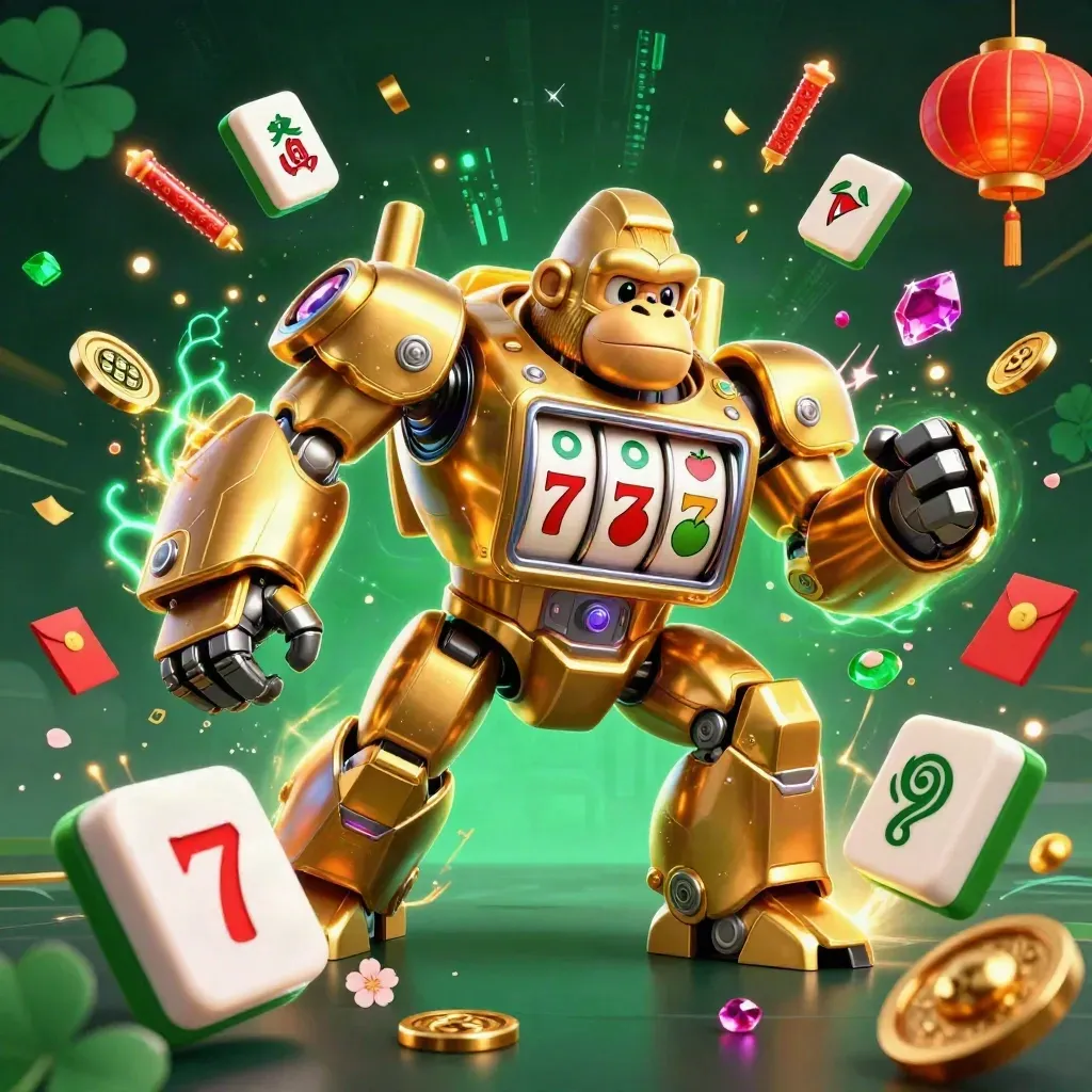 Golden gorilla mech with monkey pilot, slot gems and neon cyan energy on dark emerald backdrop.