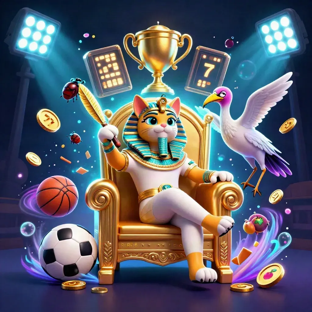 Pharaoh cat on a throne with an ibis scribe, scarab wings, sports balls, coins, and neon casino glow.
