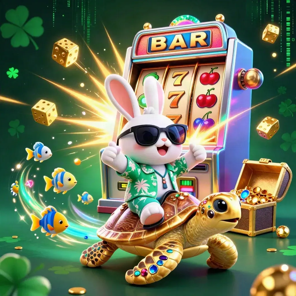 Lucky rabbit on a gem turtle with casino effects and gold bursts in neon cyan key art