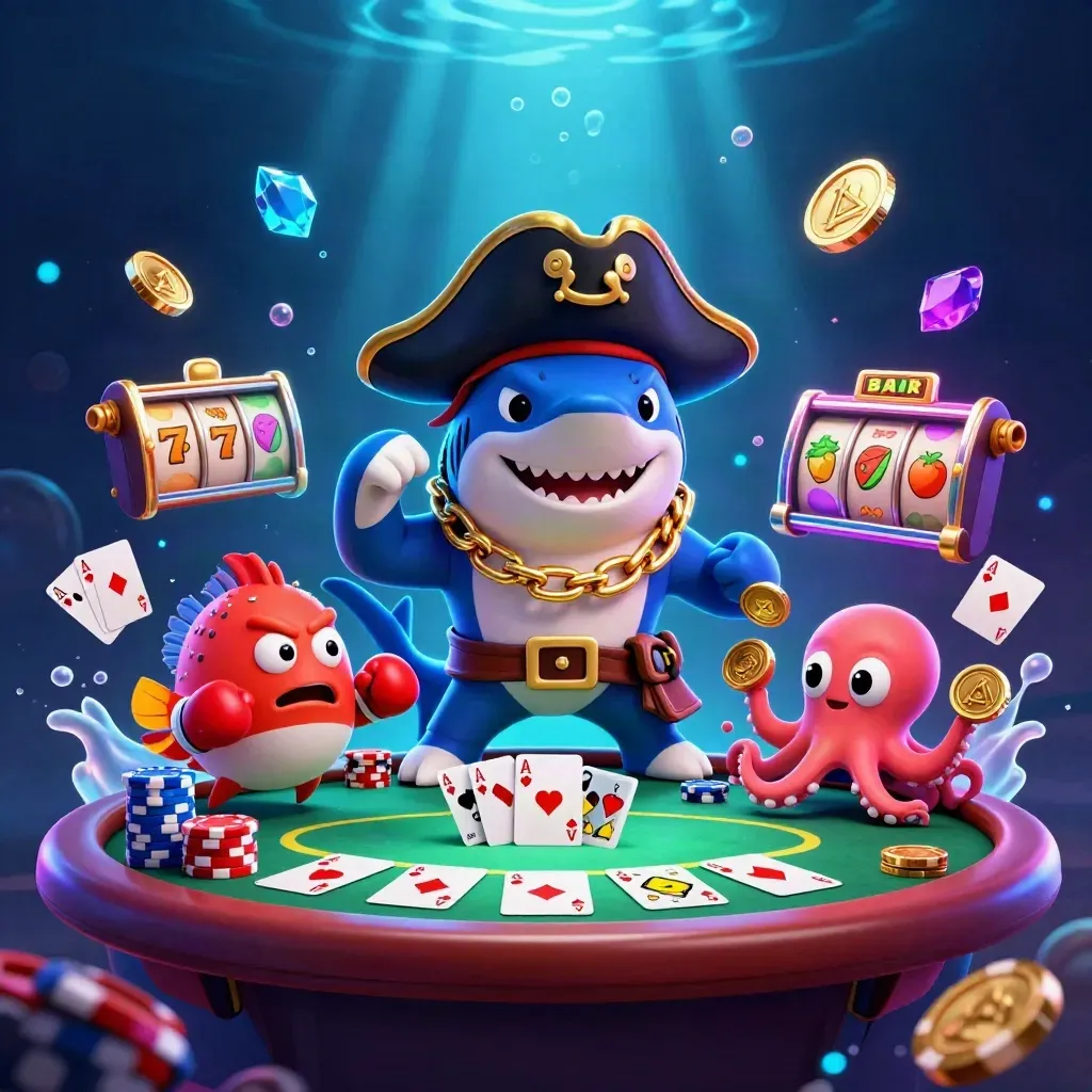 Pirate shark captain, boxing pufferfish, and coin-juggling octopus amid casino treasures and neon glow.