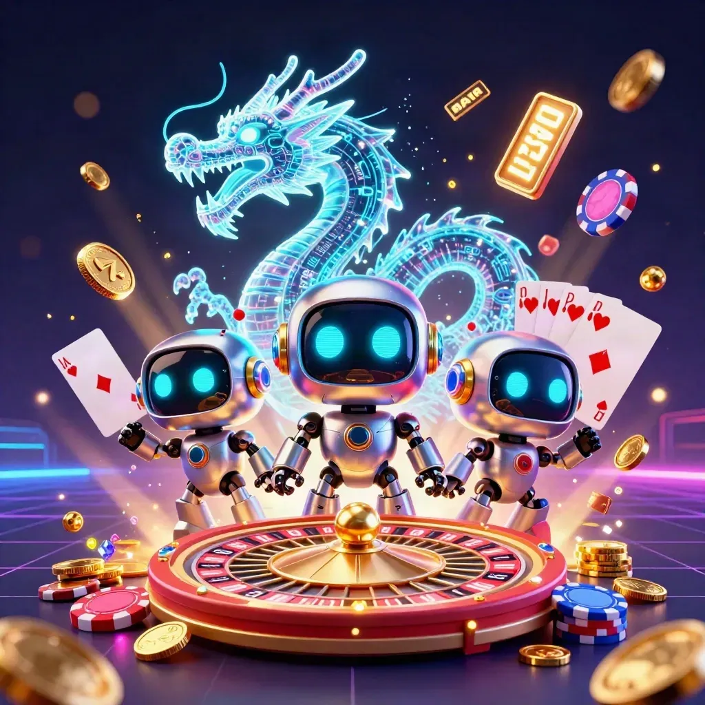 Cyberpunk robot, holographic dragon and coin drone amid coins, gems, cards and chips in cyan glow