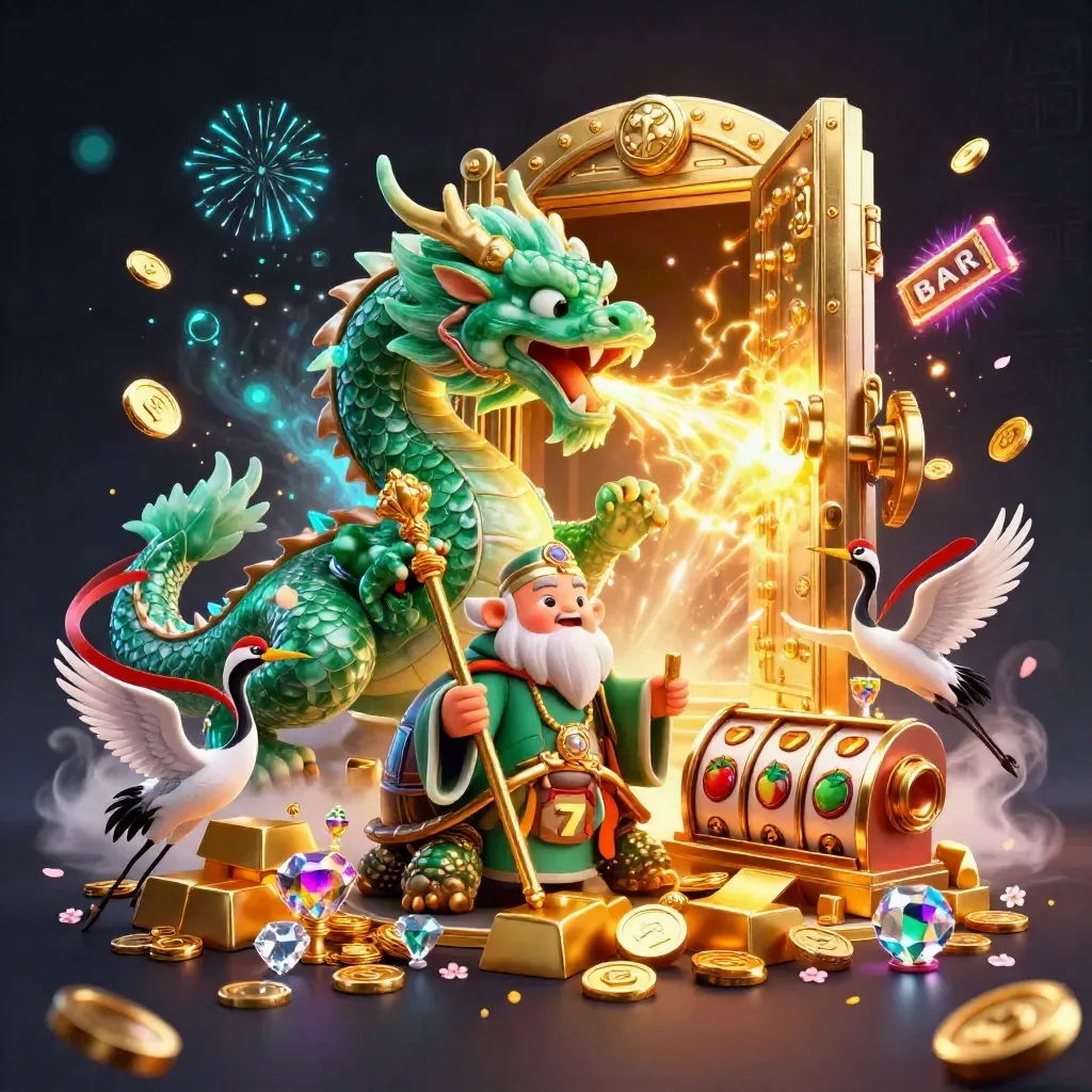 Emerald dragon, turtle sage, and cranes burst from a glowing vault amid coins, reels, and fireworks.