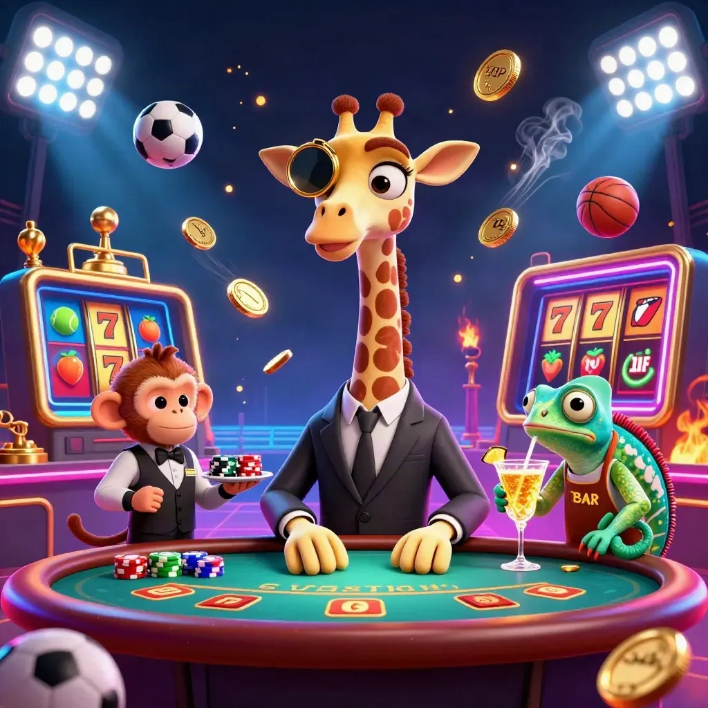 Giraffe, monkey valet, and chameleon bartender amid coins, reels, and fireworks in neon casino glam