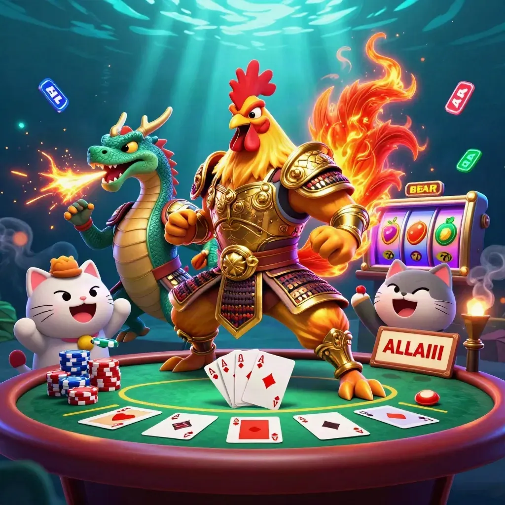 Rooster samurai, spark-breathing dragon hatchling, and cheering lucky cat amid casino chaos.