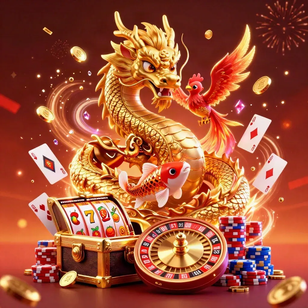 Golden dragon, phoenix and koi explode with casino coins, reels, chips and glowing neon energy.