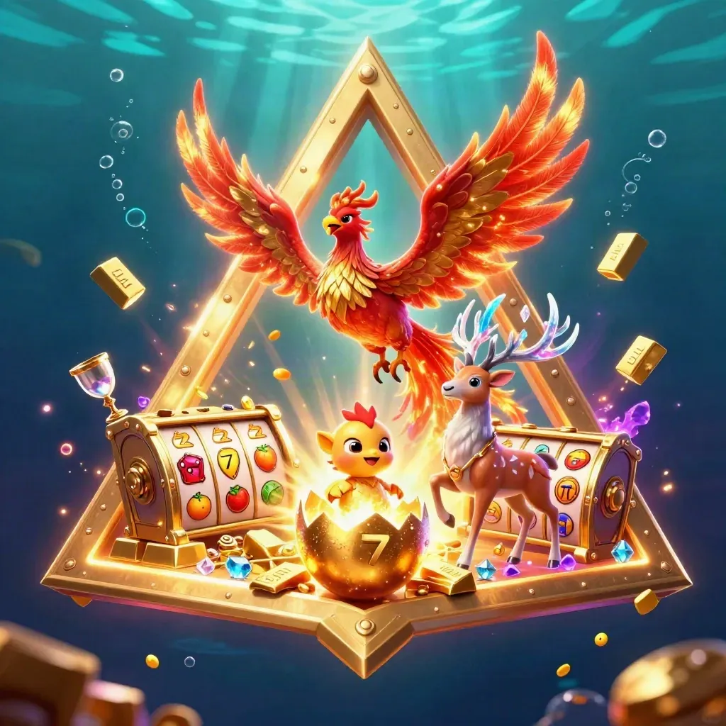 Phoenix, hatchling and crystal stag burst from a golden vault in neon underwater glow.