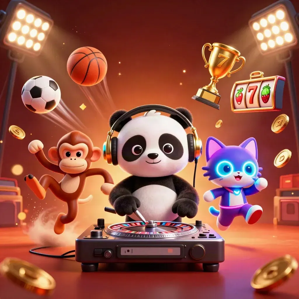 DJ panda, breakdancing monkey and rave kitten amid neon casino action and flying sports balls