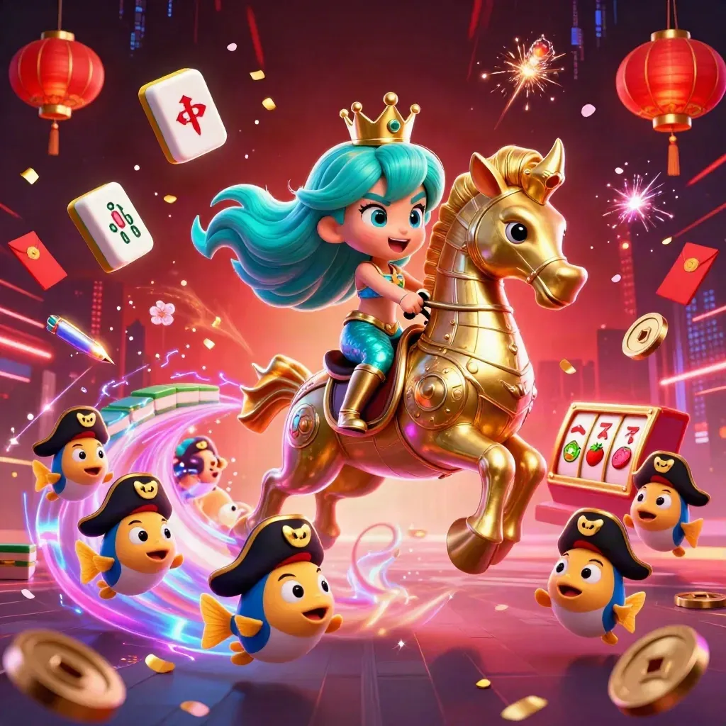 Mermaid princess on armored seahorse amid casino loot, neon streaks, fish pirates, and glowing reels.