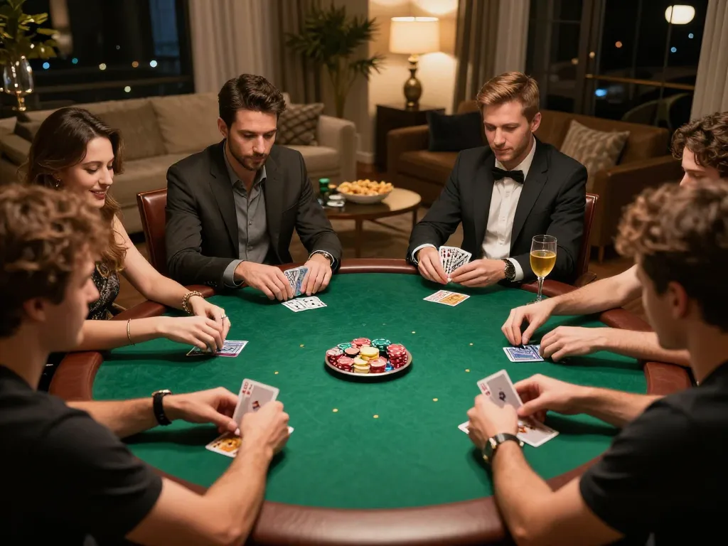Engaged players in a friendly poker game night at home, promoting 68gamebaivn for strategic gameplay experiences.
