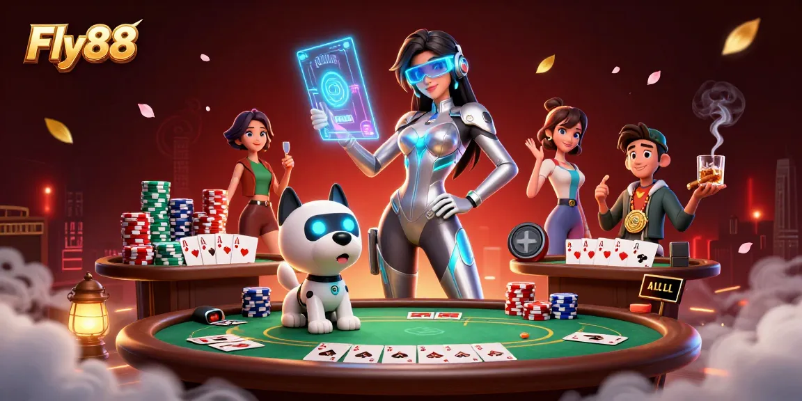 Experience Fly88's high-stakes poker scene with a stunning futuristic character and vibrant game elements.