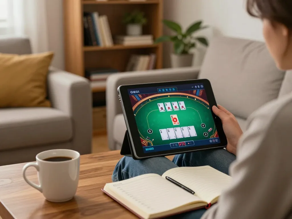 Engaging in online casino strategy at https://7m.us.com/ on a cozy couch while calculating bets.