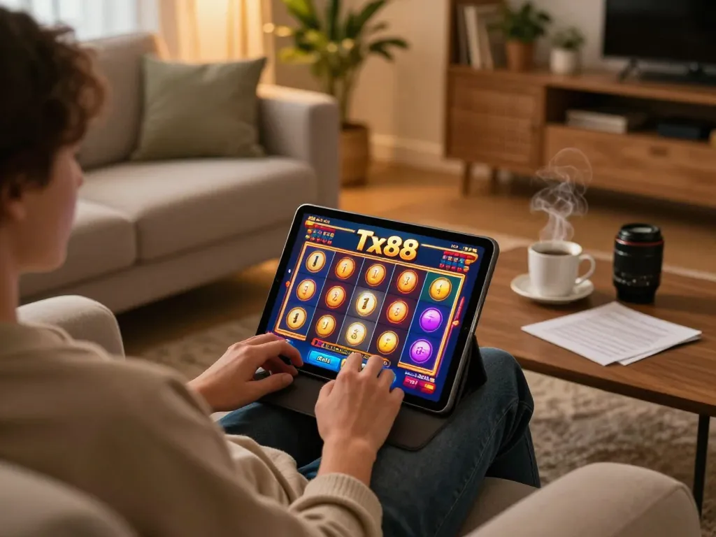 Engaged player using Tx88 app on tablet for online gambling in a cozy home setting.