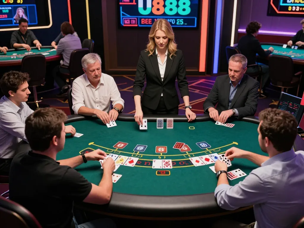 U888 players engaging in live dealer blackjack, showcasing strategy and excitement in online gambling