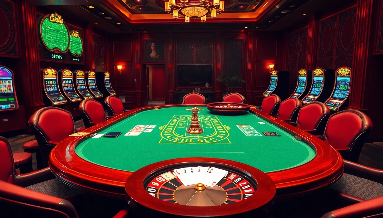 Experience the excitement of gambling at trang chủ 9bet with a vibrant casino scene featuring poker tables and roulette wheels.