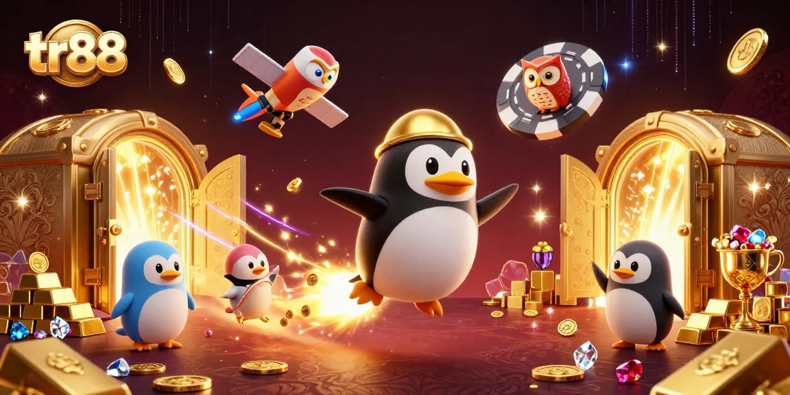 Engage with the exciting world of tr88, featuring a golden penguin racing towards a dazzling casino space.
