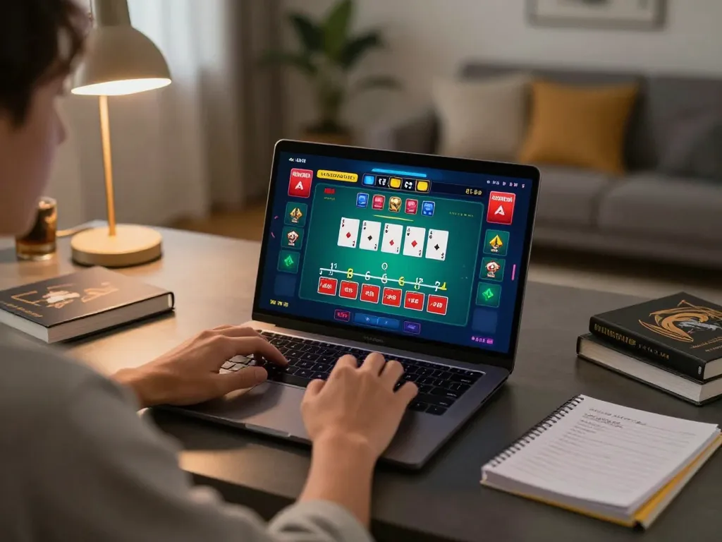 Engaging in live dealer blackjack at home on https://lode884.co.com/, showcasing focused gameplay.