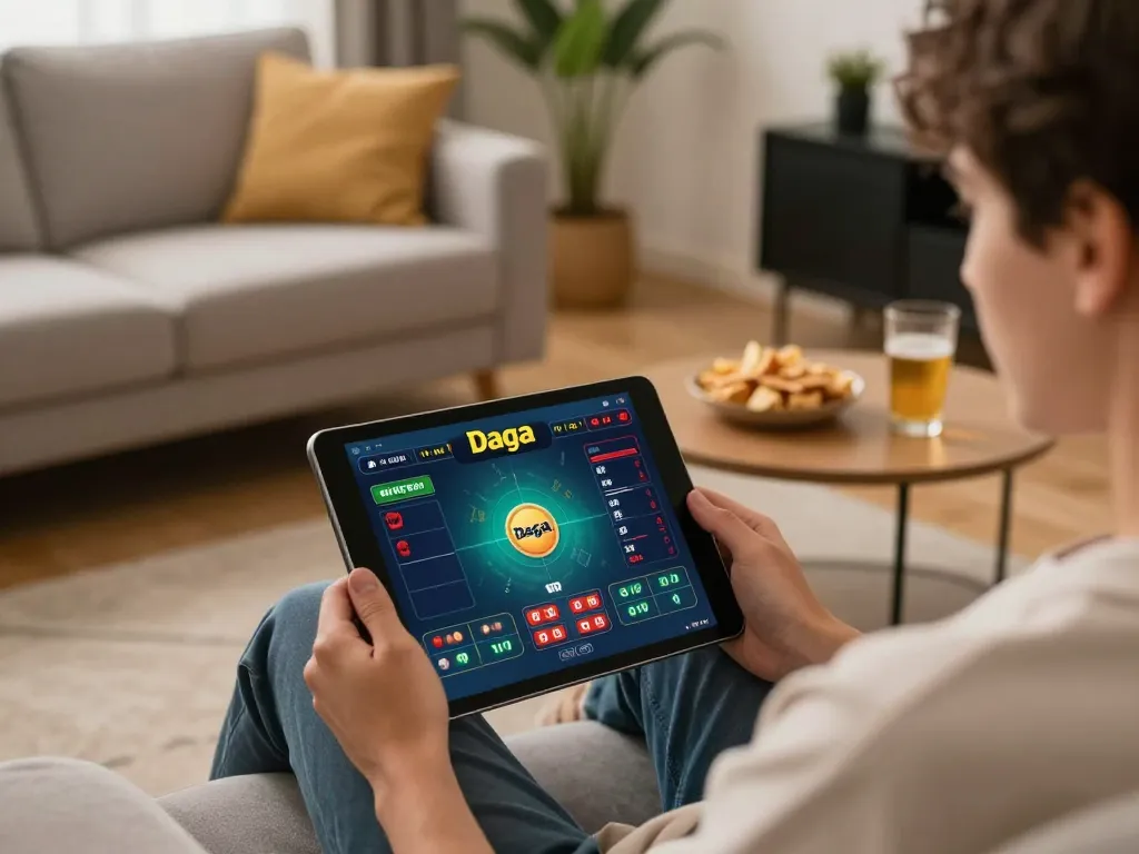 Daga online betting experience featuring live gameplay on tablet with snacks nearby.