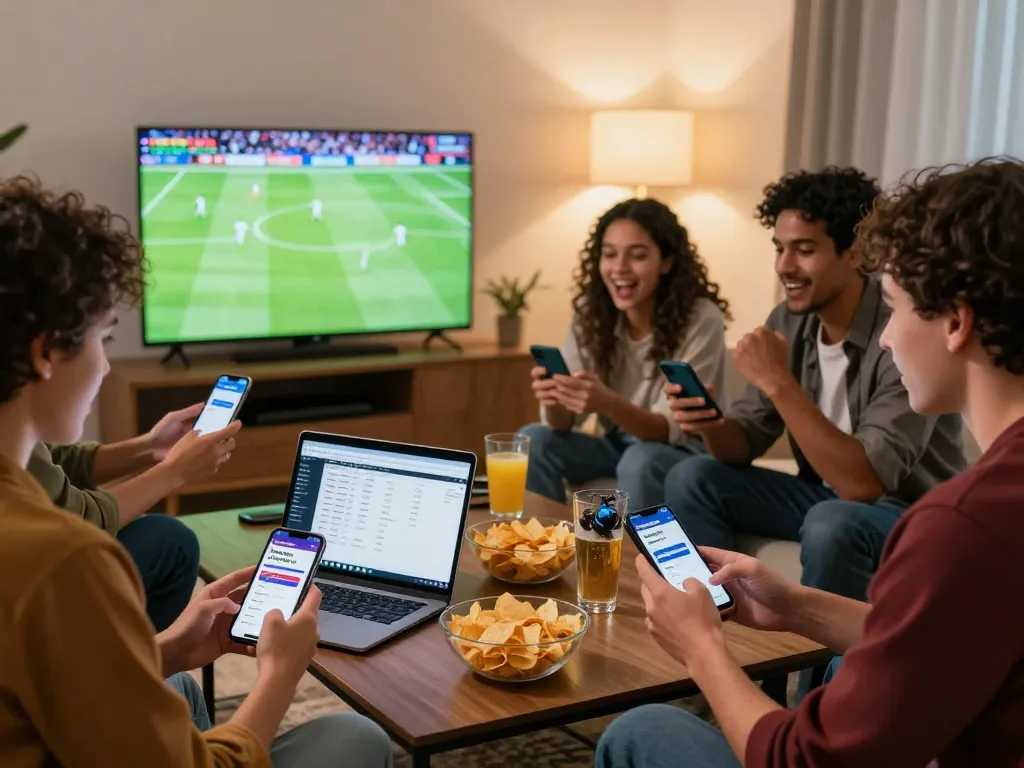 Friends enjoying sports betting on Nowgoal while watching live football match in a cozy setting.