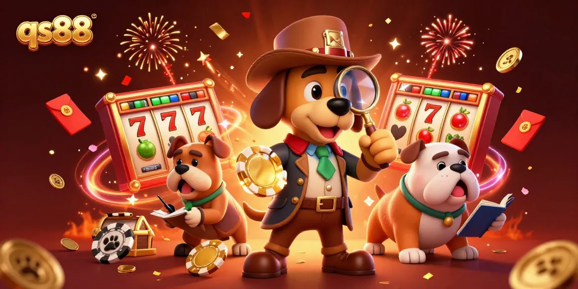 Join the excitement at qs88 with a lively scene of gaming detectives uncovering treasures in this vibrant casino illustration.