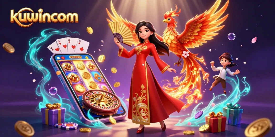 Experience thrilling gameplay on kuwincom with a vibrant 3D illustration showcasing Asian traditional elements in an exciting casino setting.